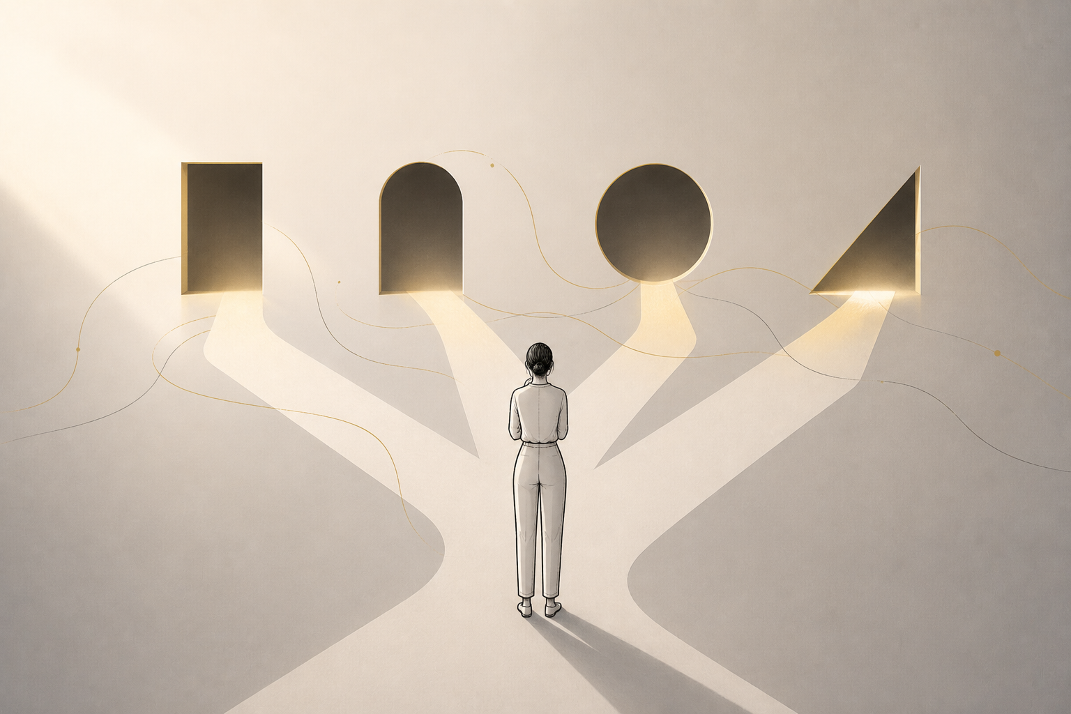 Illustration of a professional standing before four illuminated doorways of different shapes, representing the choice between AI engagement models — workshops, sprints, and retainers