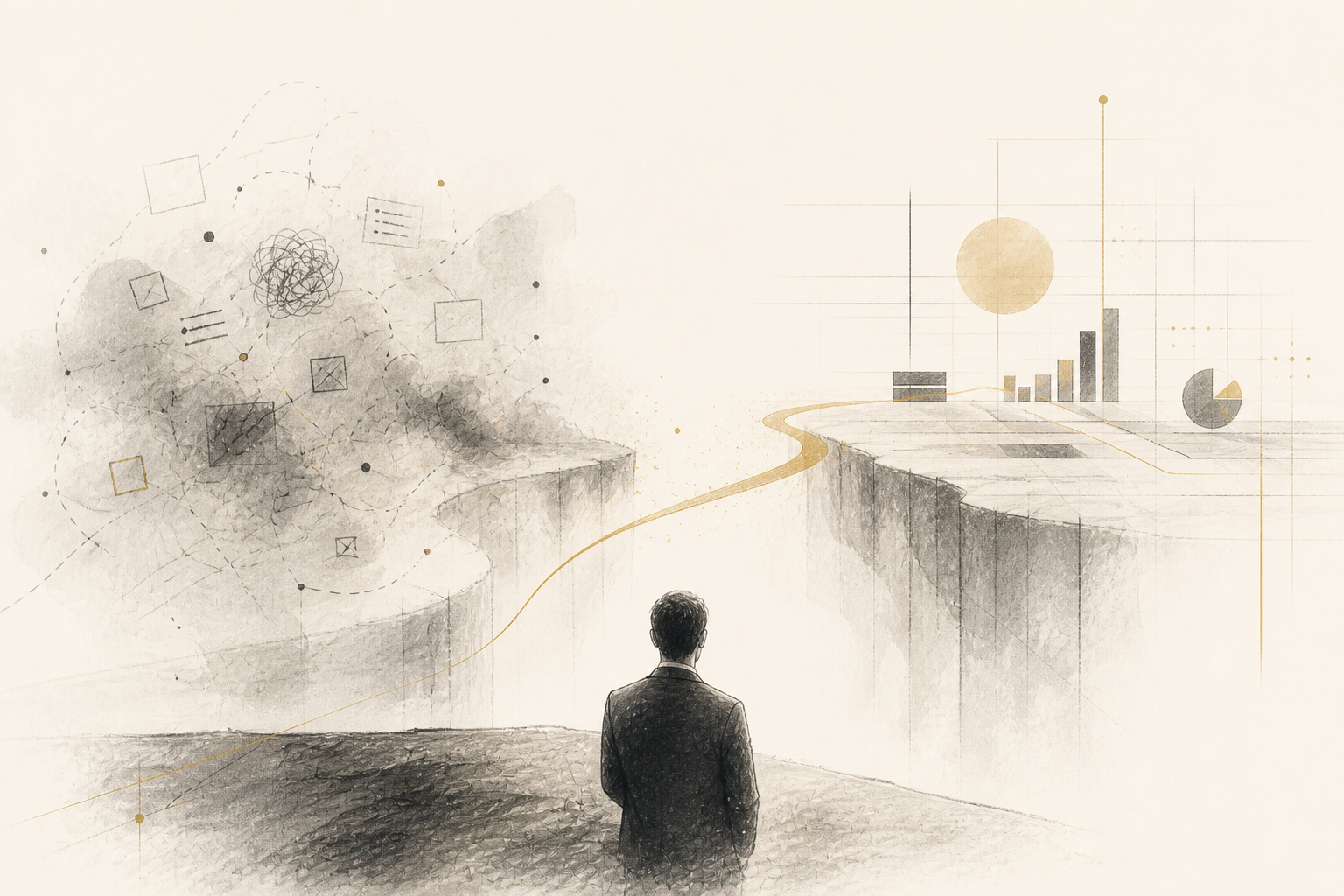 Illustration of a business leader standing at the edge of a gap — chaotic complexity on the left, structured AI-driven growth on the right, connected by a narrow path