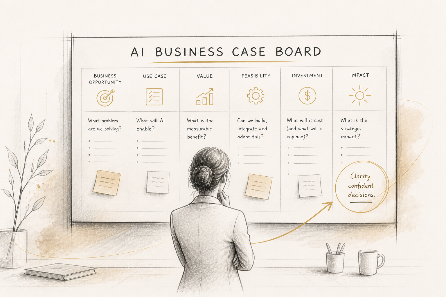 Illustration of a professional presenting an AI business case board showing six sections — business opportunity, use case, value, feasibility, investment, and impact