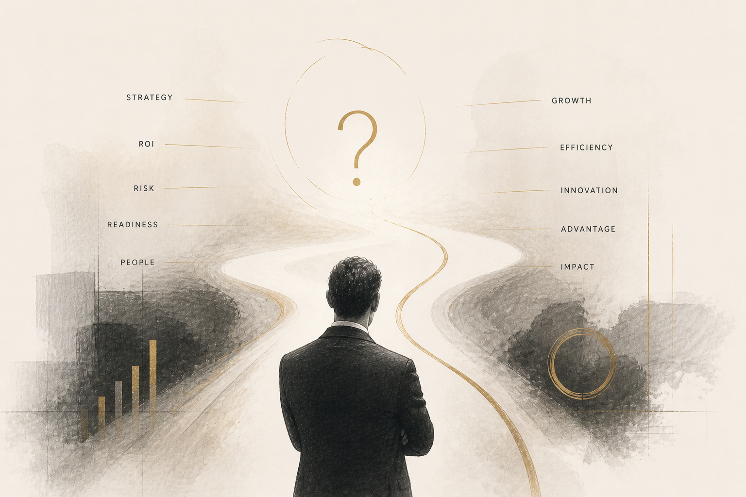 Illustration of a business leader standing before a winding path with a question mark overhead, flanked by AI investment considerations — strategy, ROI, risk, readiness, people, growth, efficiency, innovation