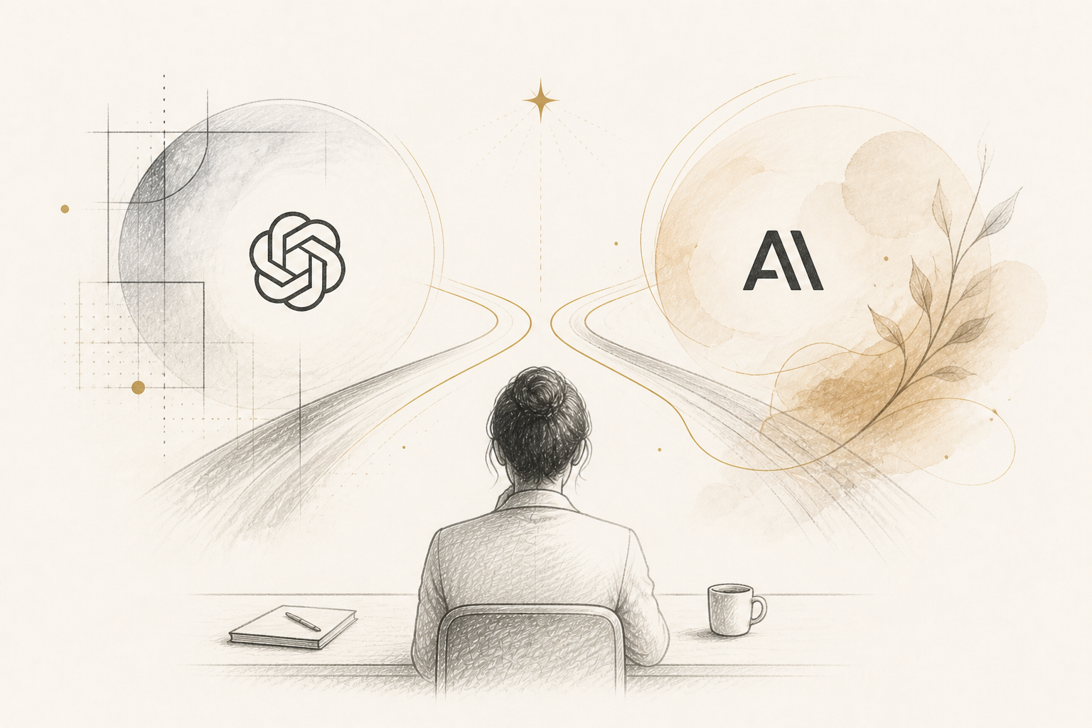 Illustration of a professional at a desk facing two diverging paths — one leading to the ChatGPT logo, one to the Anthropic Claude logo