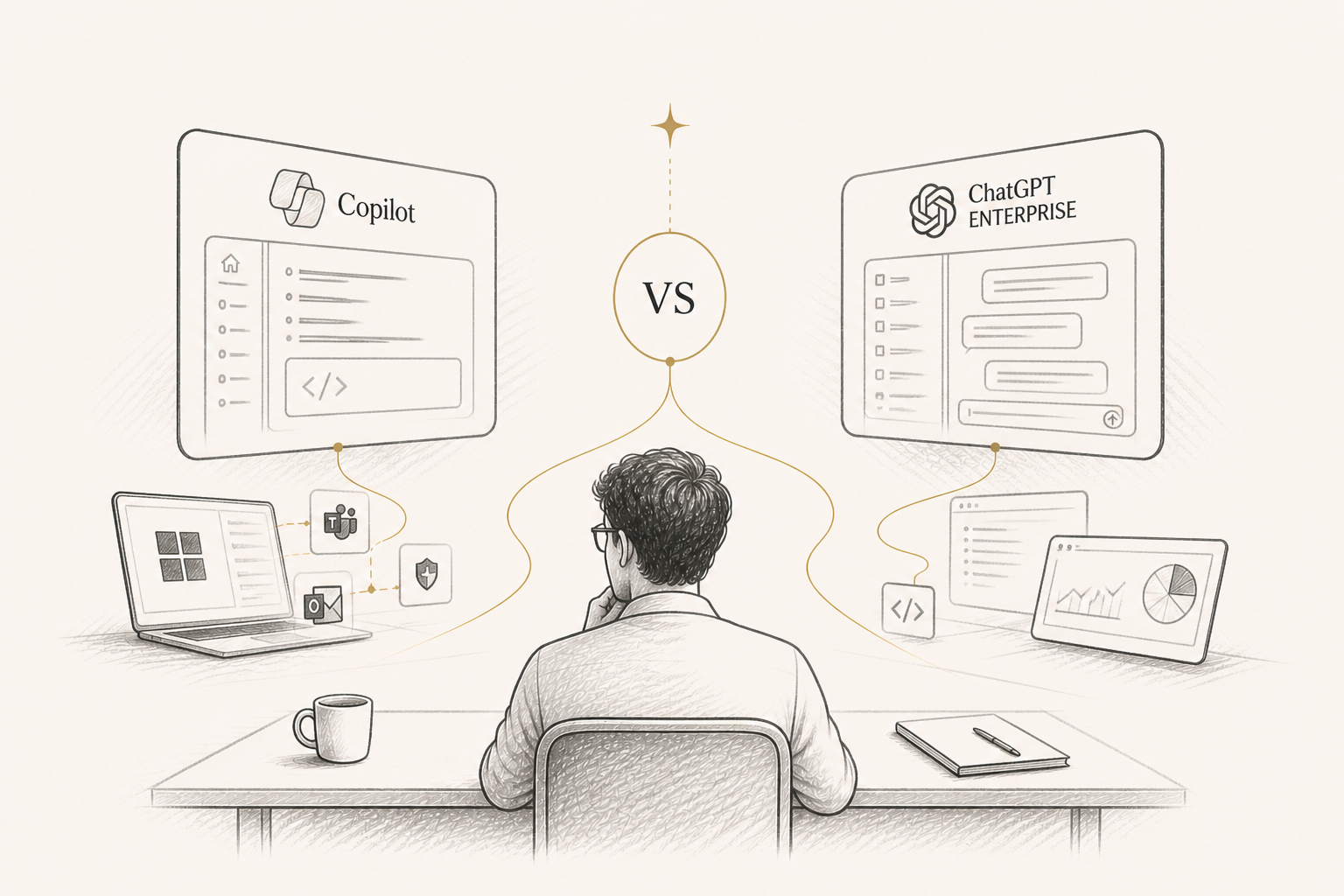 Illustration of a professional at a desk comparing Microsoft Copilot and ChatGPT Enterprise side by side on two floating screens
