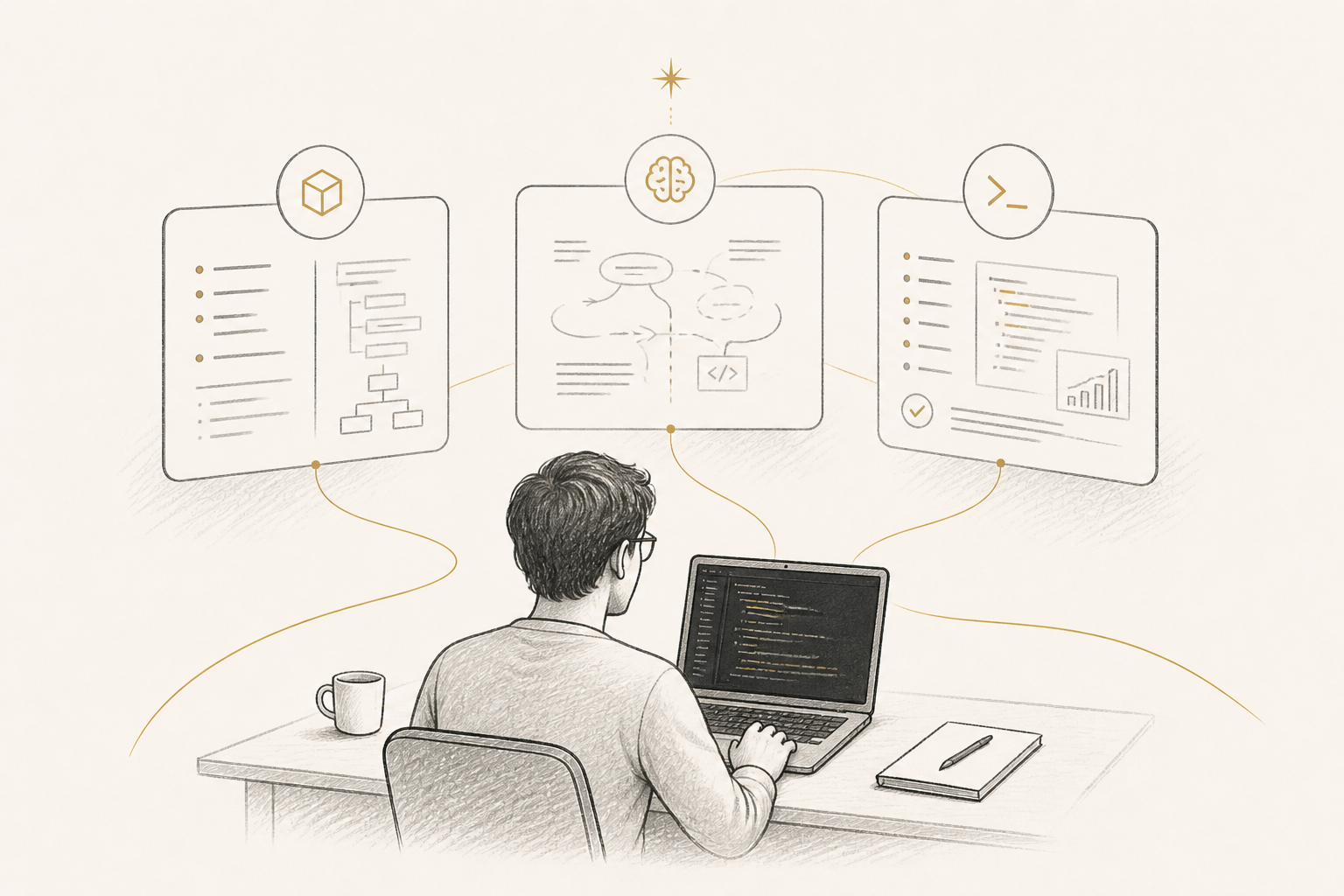 Developer working at a laptop with three floating panels representing different AI coding tools — structured code, an AI model diagram, and a terminal interface