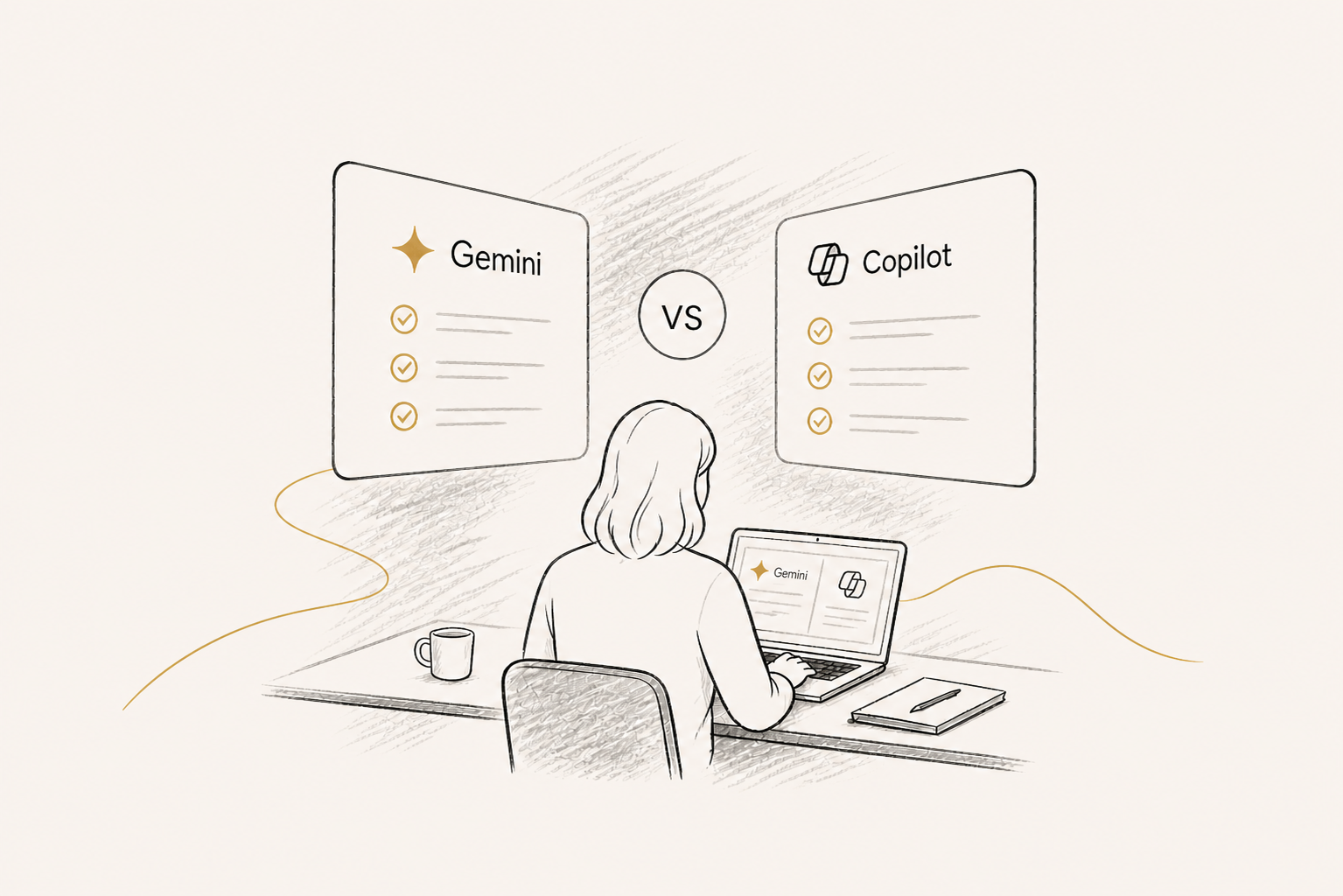 Illustration of a professional at a laptop comparing Gemini and Copilot side by side on two floating screens