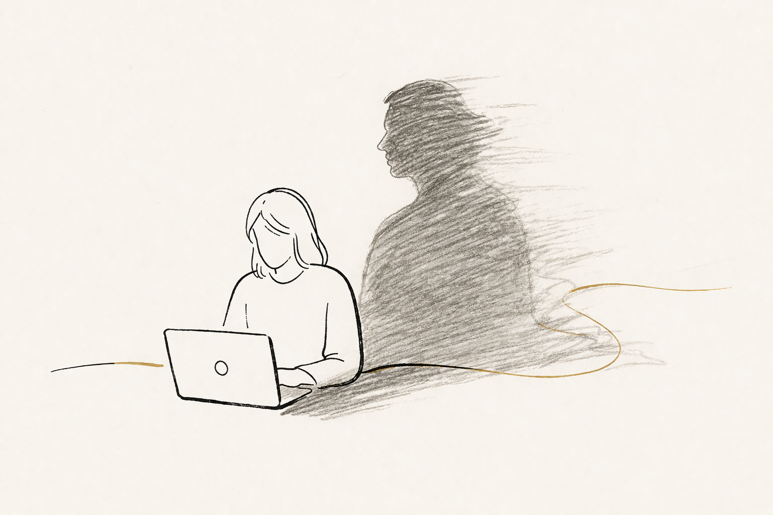 Sketch of an employee working on a laptop with a large shadow figure looming behind her — illustrating shadow AI in the workplace