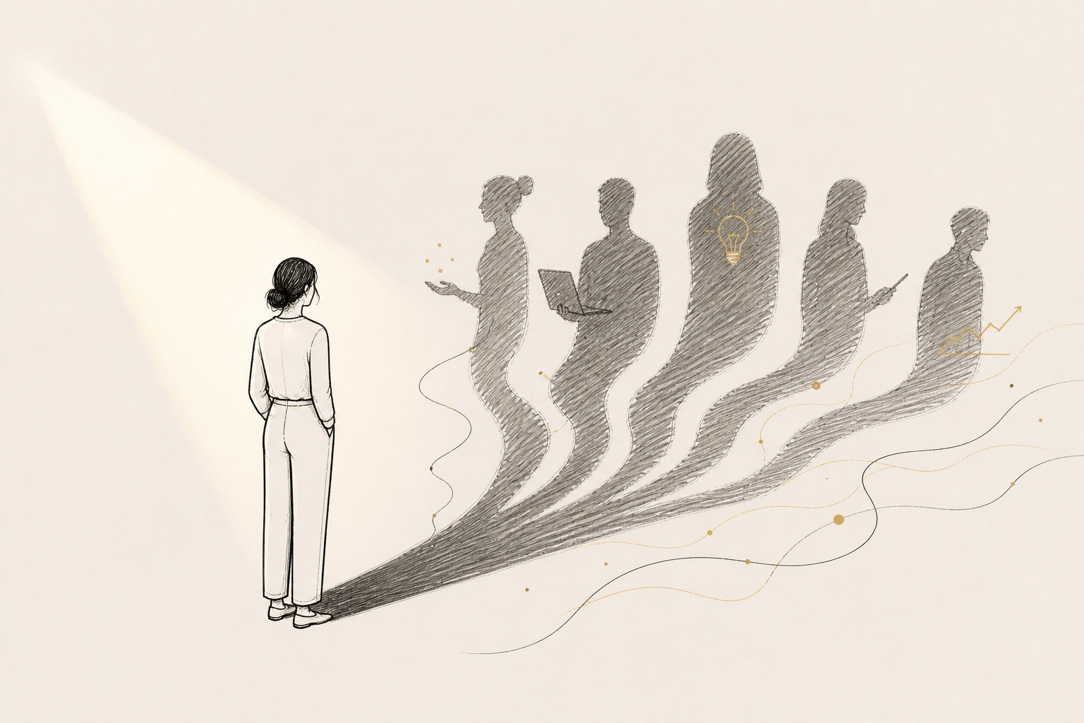 Illustration of a professional casting multiple shadows representing different emerging AI roles — CAIO, AI Architect, Prompt Engineer, and more