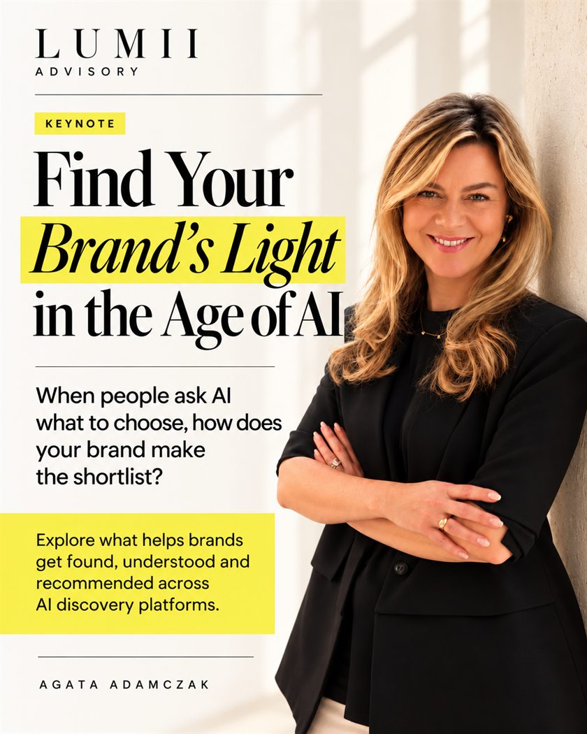 Keynote poster: Find Your Brand’s Light in the Age of AI, with Agata Adamczak standing by a window. When people ask AI what to choose, how does your brand make the shortlist?