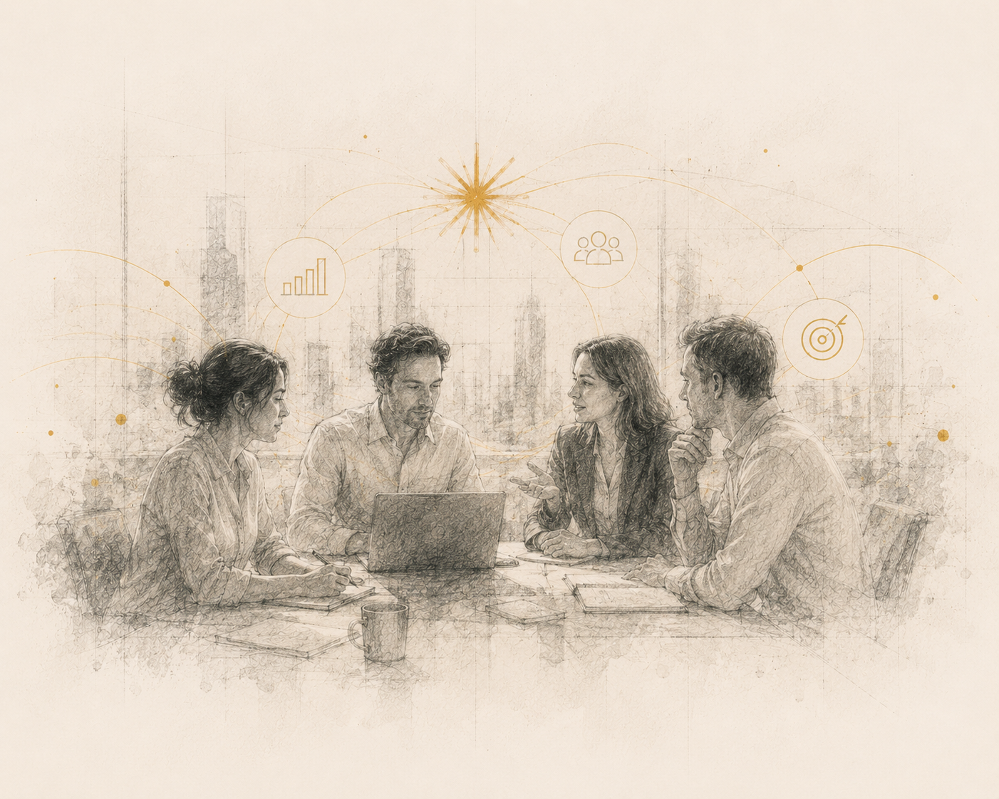 Illustration of a team at a workshop table with a laptop, surrounded by gold-line icons of growth, people and targets — Lumii's Find Your Light AI workshops